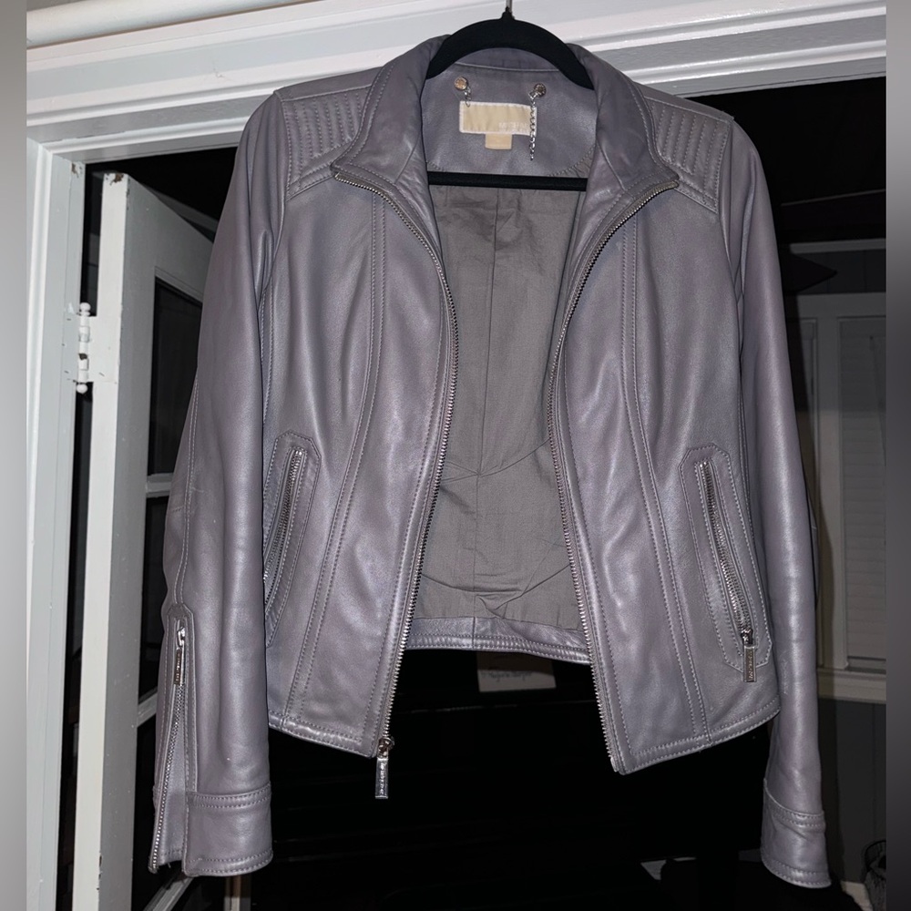 Authentic Michael Kors Collection Gunmetal Genuine Calfskin Leather Jacket